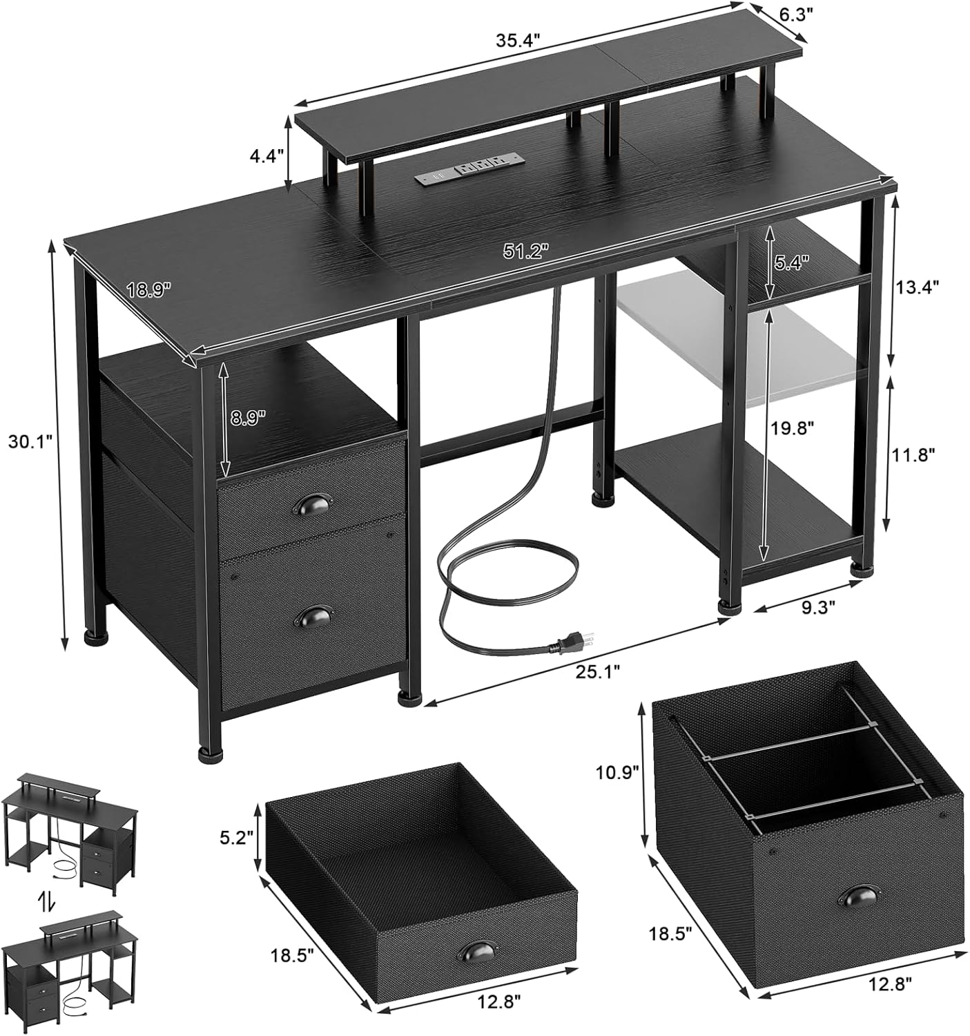 Furologee 51" Computer Desk with Fabric File Cabinet Drawer