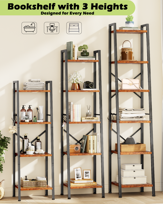 Furologee 5 Tier Ladder Shelf Bookcase, Tall Narrow Bookshelf with 2 Hooks, Rustic Brown Bathroom Corner Book Shelf