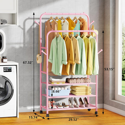 Furologee Pink Clothes Rack, Double Rods Clothing Racks for Hanging Clothes, Rolling Garment Racks with 3-Tier Shelves, Portable Rack with Wheels for Bedroom, Laundry, Living Room