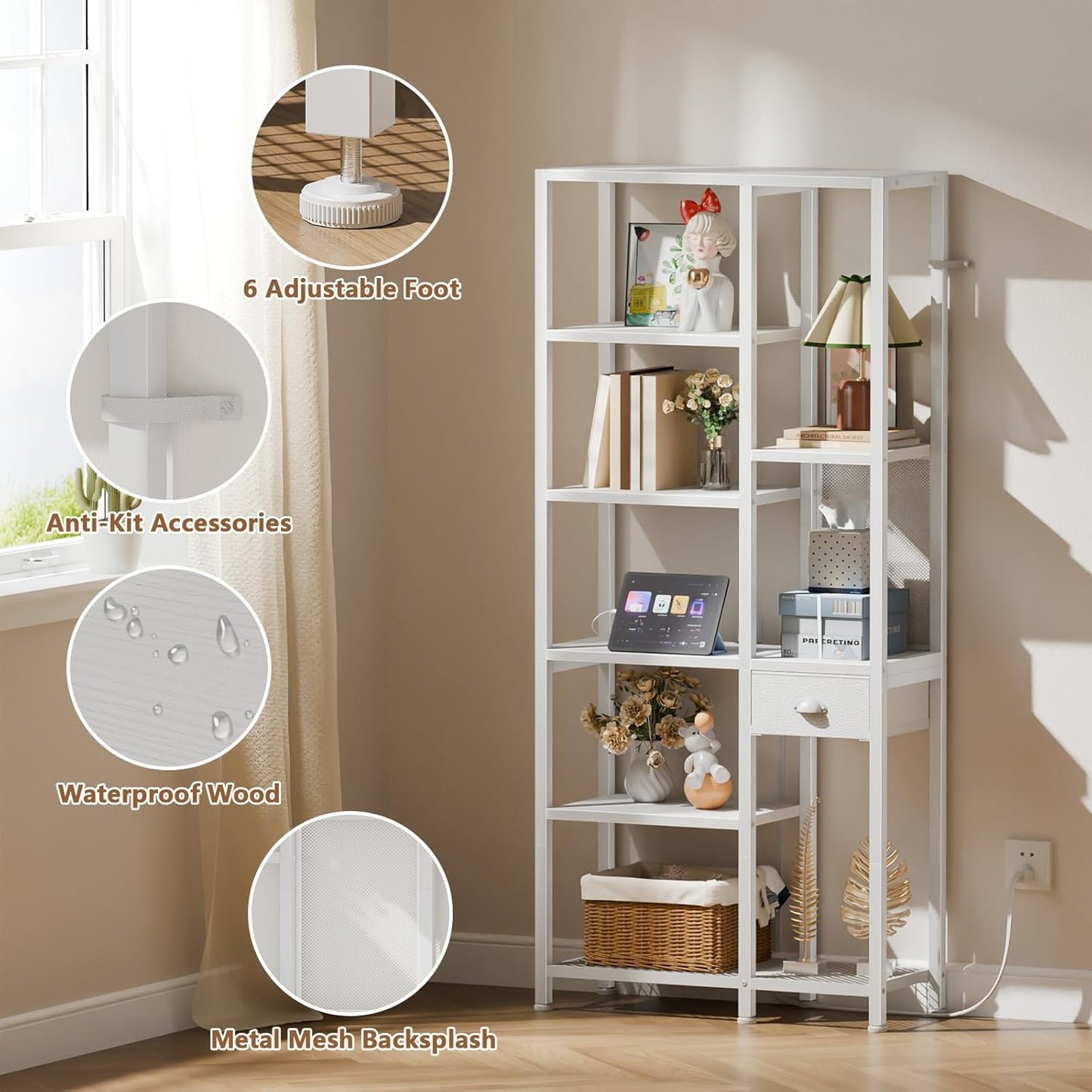 Furologee 6-Tier Bookshelf with Drawer & Charging Station – Tall Open Bookcase for Living Room, Bedroom, Home Office,