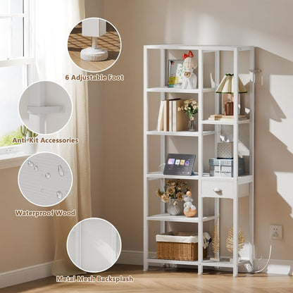 Furologee 6-Tier Bookshelf with Drawer & Charging Station – Tall Open Bookcase for Living Room, Bedroom, Home Office,