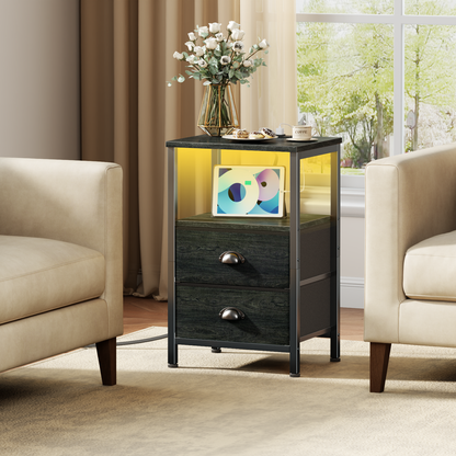 Furologee Nightstands Set of 2, End Tables with Charging Station and LED Lights, Black Night Stands with 2 Fabric Drawers, Bedside Tables Set of 2 for Living Room/Bedroom,Black Oak