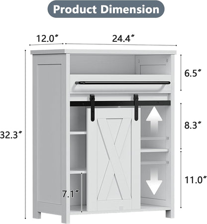 Storage Cabinet with Tray Drawer, White Farmhouse Coffee Bar Cabinet with Sliding Door for Bathroom Bedroom Living Room Laundry Kitchen
