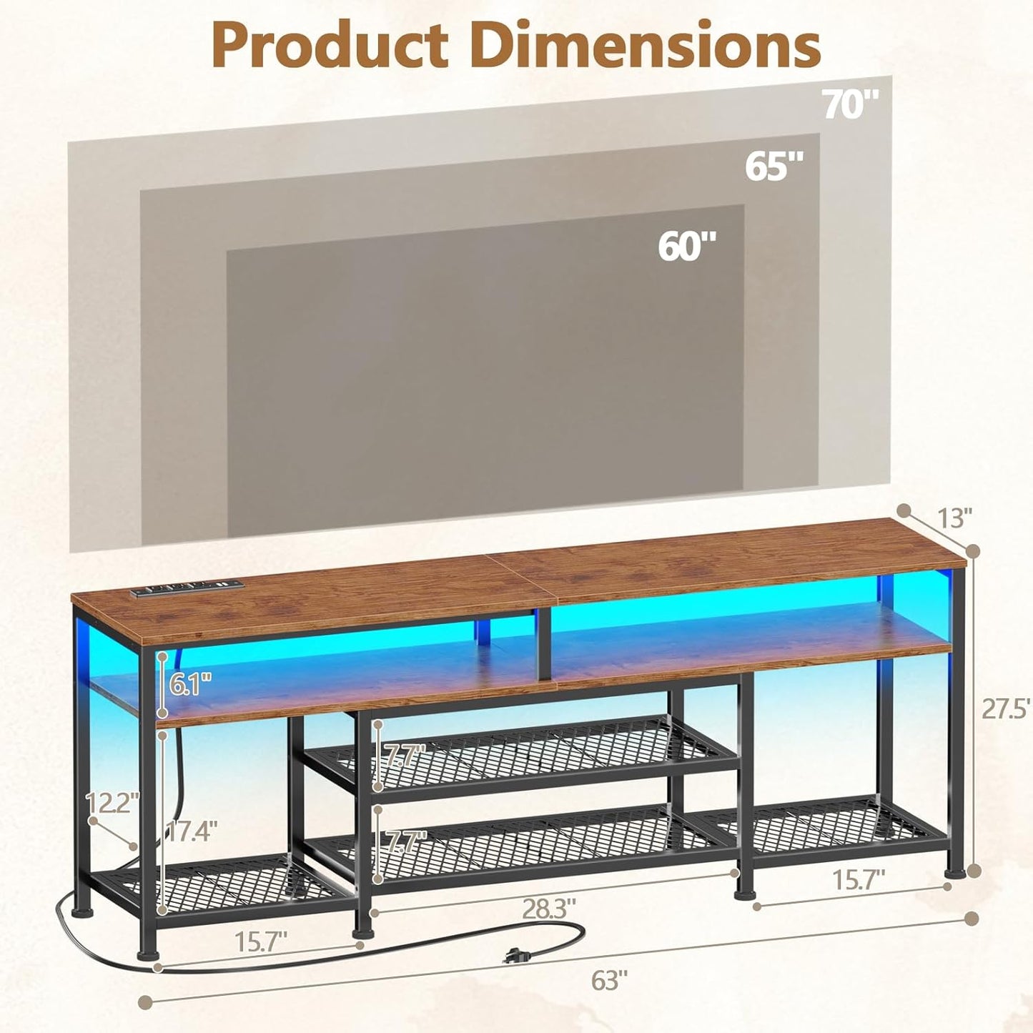 Furologee TV Stand with Power Outlets and LED Lights, 63 Inch Entertainment Center for 60 65 70 Inch TVs, Media Console Table with Open Shelves, for Bedroom, Living Room, Rustic Brown