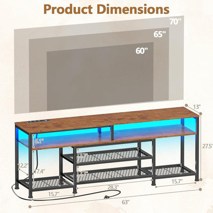 Furologee TV Stand with Power Outlets and LED Lights, 63 Inch Entertainment Center for 60 65 70 Inch TVs, Media Console Table with Open Shelves, for Bedroom, Living Room, Rustic Brown