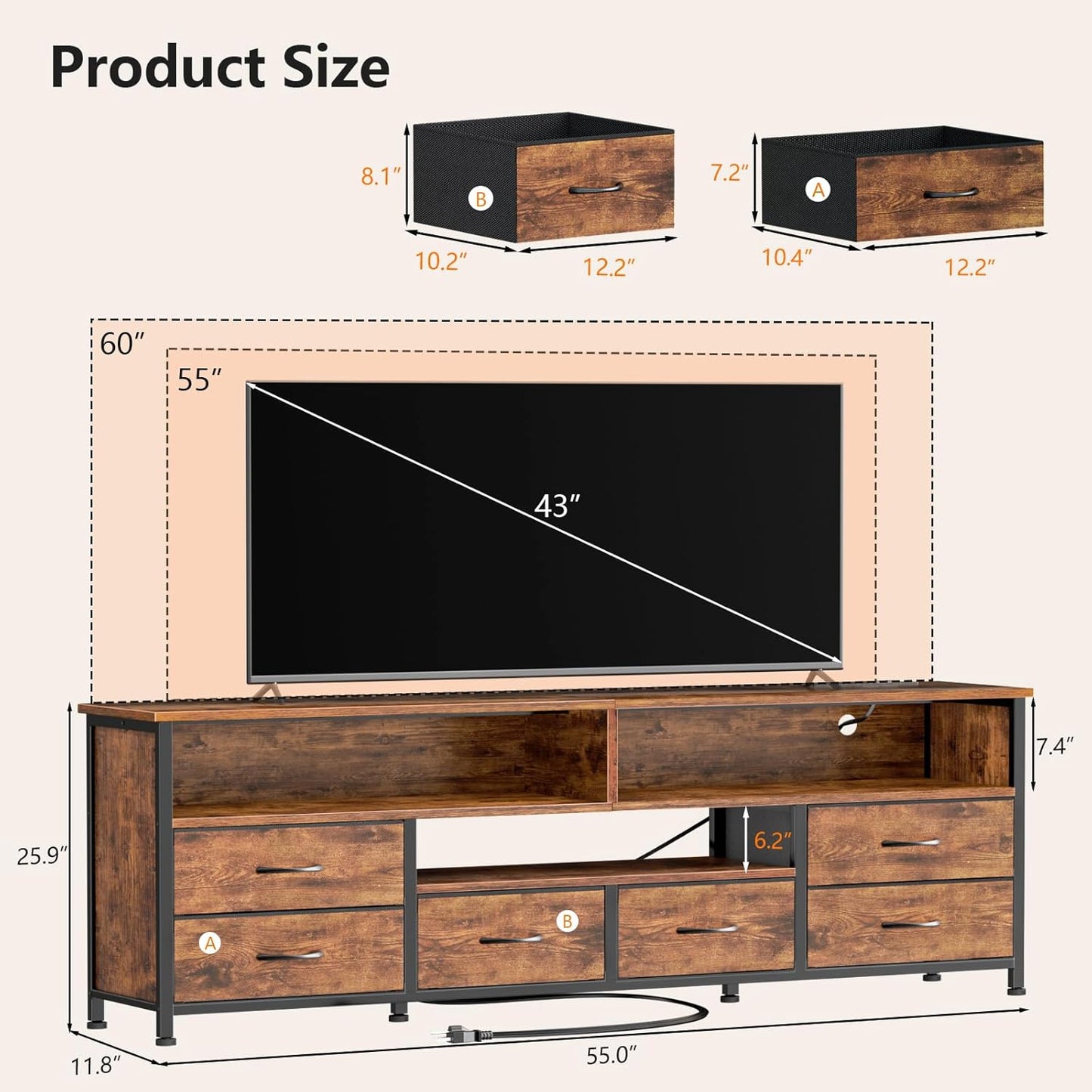 Furologee 55 Inch LED TV Stand for Bedroom with Power Outlets, Entertainment Center with 6 Fabric Drawers for 50/55/60 inch TVs, Dresser TV Stand Long Console Media Table for Living Room, Rustic Brown