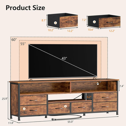 Furologee 55 Inch LED TV Stand for Bedroom with Power Outlets, Entertainment Center with 6 Fabric Drawers for 50/55/60 inch TVs, Dresser TV Stand Long Console Media Table for Living Room, Rustic Brown