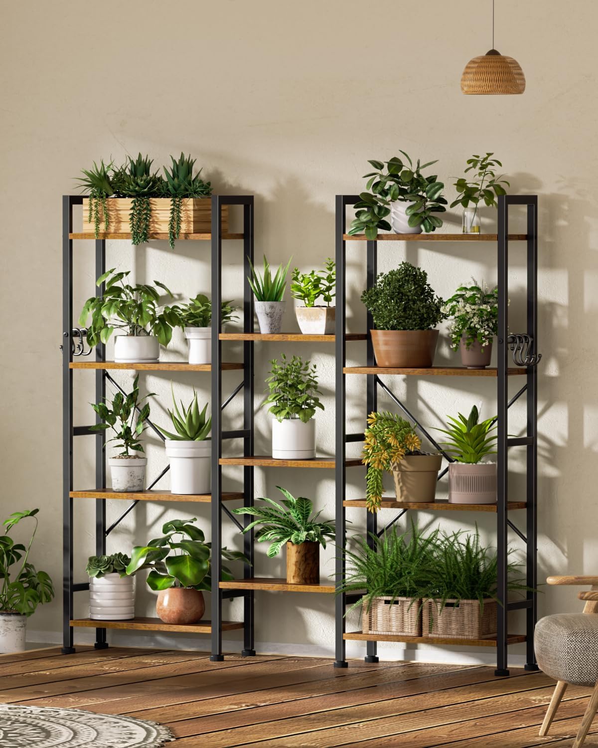 Furologee Triple 4 Tier Bookshelf, Bookcase with 11 Open Display Shelves, Wood and Metal Shelf Storage Organizer,Industrial Wide Shelving Unit for Living Room,Home Office,Rustic Brown