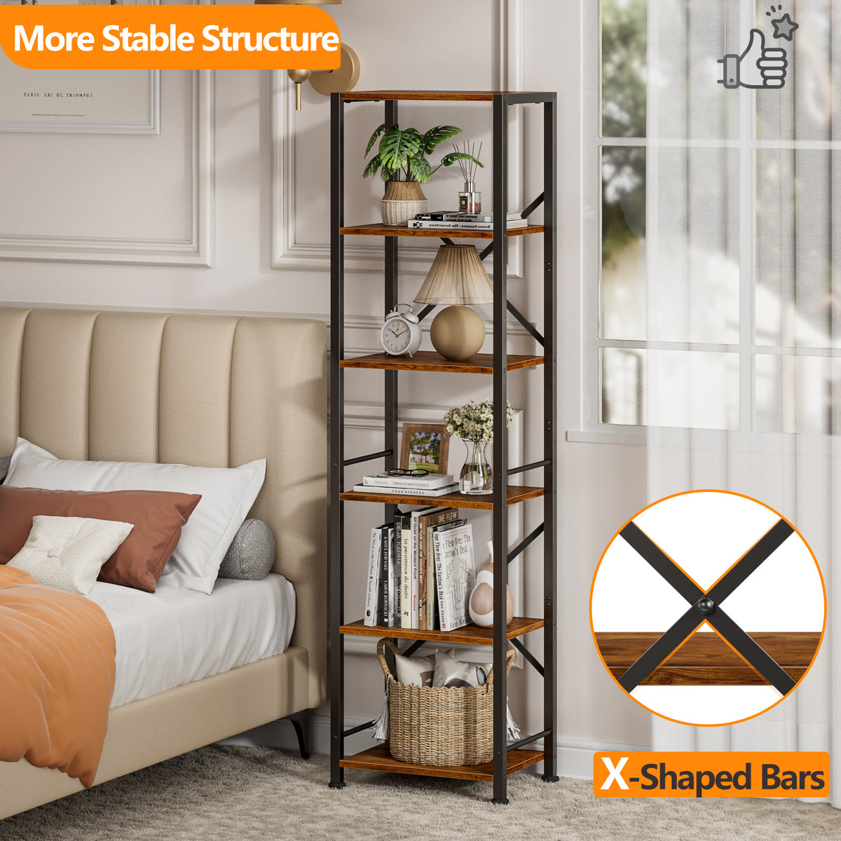 Furologee 6 Tier Bookshelf, Tall Narrow Bookcase, Rustic Brown 59.6'' Tall Industrial Display Shelf, Freestanding Units for Bedroom, Living Room, Office, Bathroom, Holds 30lbs per tier