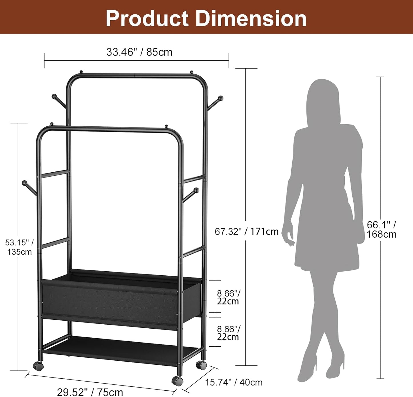 Furologee Double Rod Clothing Rack with Wheels – Portable Rolling Garment Rack for Bedroom, Laundry & Living Room