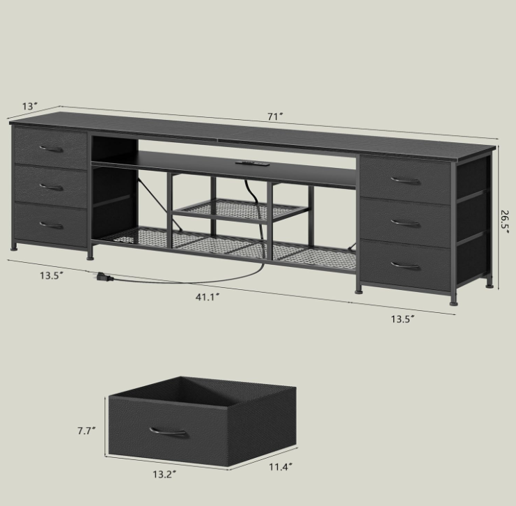 Furologee 71 Dresser TV Stand with LED Lights & Charging Station Black Chest of Drawers with 6 Fabric Drawers for 70 75 80 inch TVs Open Storage Shelves TV Stand for Bedroom Living Room