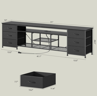 Furologee 71 Dresser TV Stand with LED Lights & Charging Station Black Chest of Drawers with 6 Fabric Drawers for 70 75 80 inch TVs Open Storage Shelves TV Stand for Bedroom Living Room