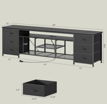 Furologee 63in Dresser TV Stand with LED Lights & Charging Station Black Chest of Drawers with 6 Fabric Drawers for 60 65 70 inch TVs Open Storage Shelves TV Stand for Bedroom Living Room