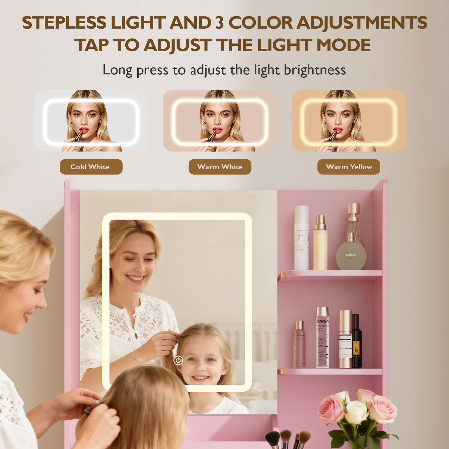 Vanity Desk with Mirror and LED Lights,  Small Pink Makeup Vanity Desk with 2 Drawers, 3 Storage Shelves, 24 Inches Make UP Dressing Table with Power Outlet, 3 Adjustable Lights for Girls Bedroom