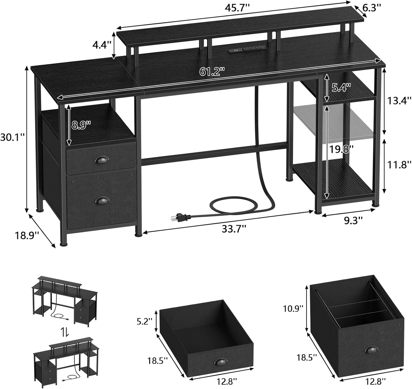 Furologee 61" Computer Desk with Fabric File Cabinet Drawer