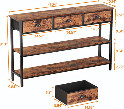 Furologee 47” Entryway Console Table with Drawers & Storage Shelves, Industrial Sofa Table for Hallway or Living Room