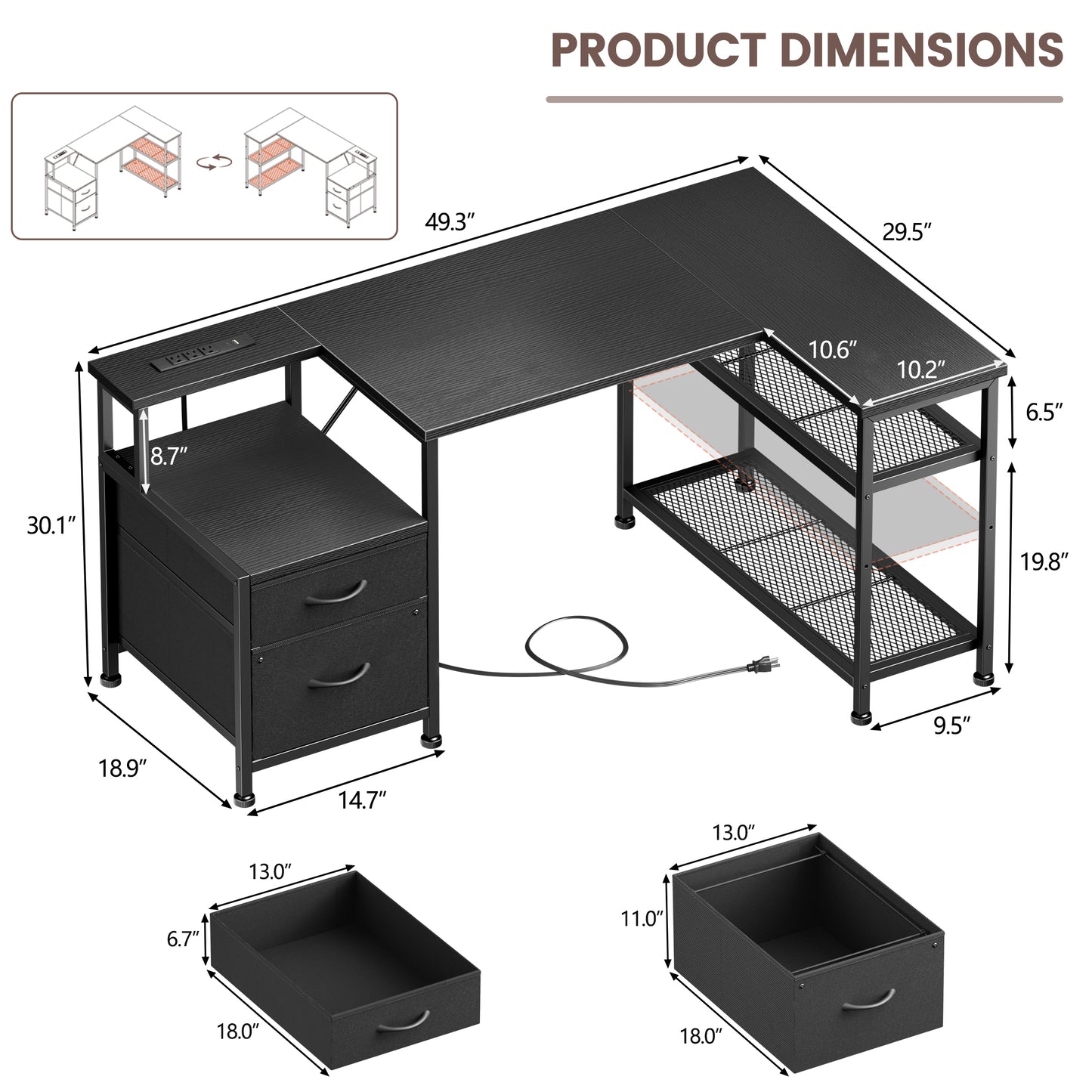 Furologee 49 Inch L Shaped Computer Desk with Power Outlets, Home Office Desk with Fabric Drawer & File Cabinet, Reversible Corner Gaming Desk with Printer Stand, for Working, Studying, Gaming, Black
