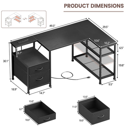 Furologee 49 Inch L Shaped Computer Desk with Power Outlets, Home Office Desk with Fabric Drawer & File Cabinet, Reversible Corner Gaming Desk with Printer Stand, for Working, Studying, Gaming, Black