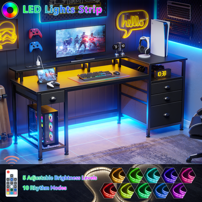 Furologee 60" Gaming Desk with 4 Drawers & LED Lights, Power Outlet, Black

Computer Desk with Full Monitor Stand, Fabric File Cabinet ,Printer Space for Home Office Working Gamer Table with Shelf