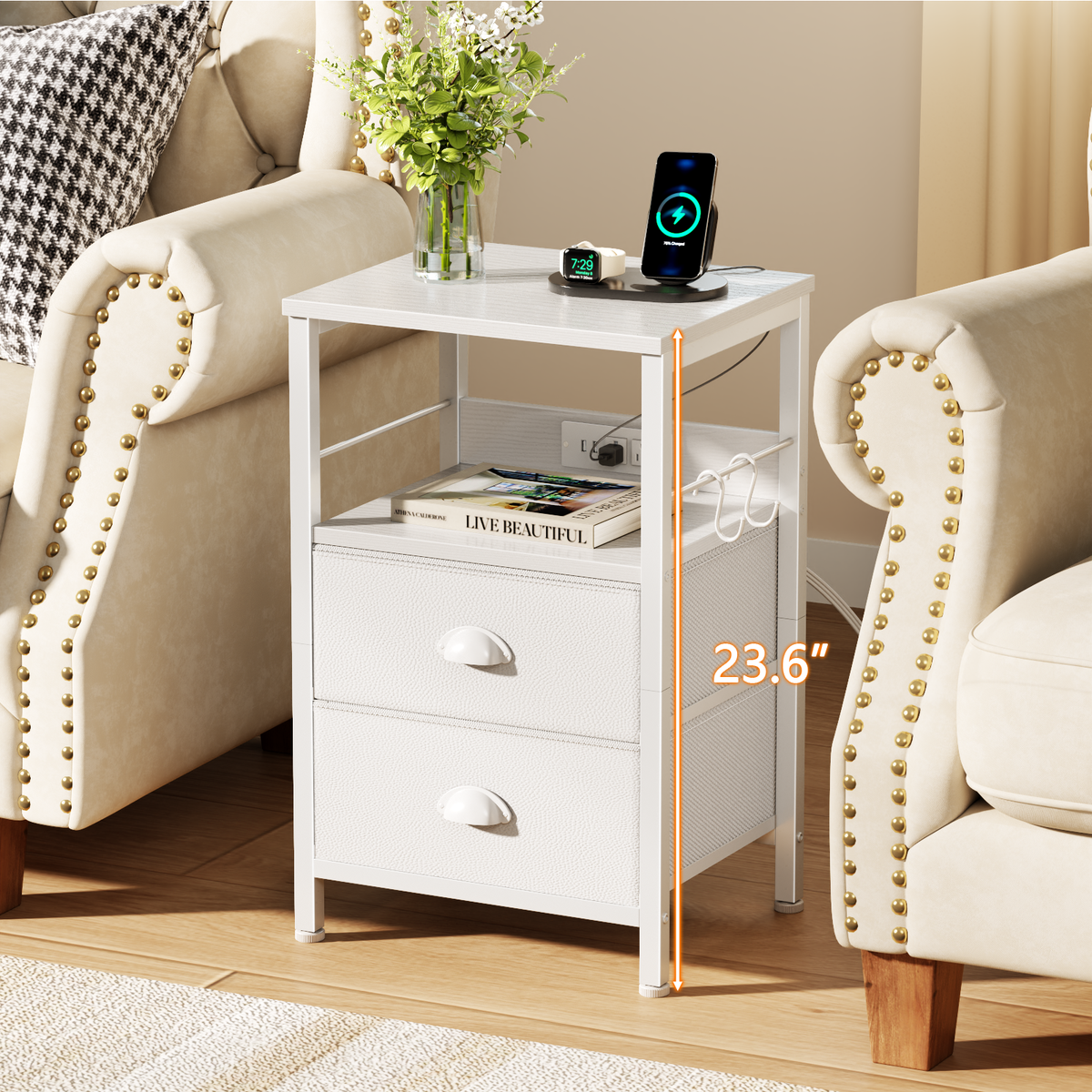 Furologee Night Stand with Charging Station, 2 Fabric Drawers, White
Night Stand with USB & Outlets, Side Table with Storage & Hooks, Industrial End Table for Living Room/Bedroom