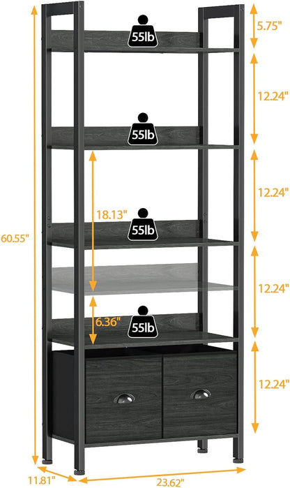 Furologee 5-Tier Bookshelf with Drawers – Tall Industrial Bookcase for Living Room or Office