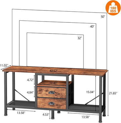 Furologee 42" TV Stand with 2 Fabric Drawers – Small Media Console with Open Storage Shelves for Bedroom & Living Room, Rustic Brown