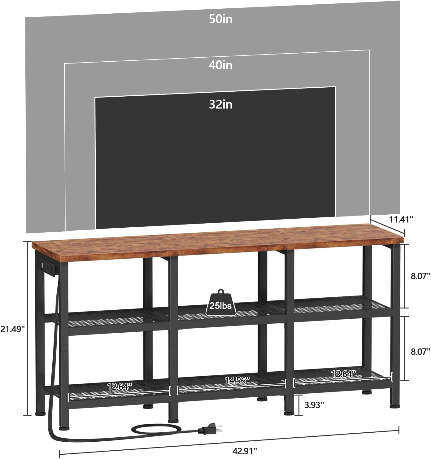 Furologee 3-Tier TV Stand for TVs up to 50” – Small Industrial Media Console with Open Storage Shelves for Living Room or Bedroom