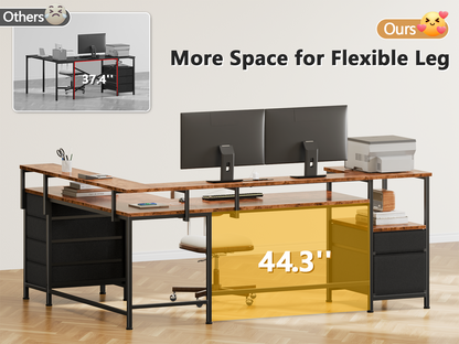 Furologee 66'' L Shaped Computer Desk with 6 Drawers & LED, Rustic Brown
, Reversible Large Corner Desk with Printer Storage Shelves,LED Lights,Monitor Stand for Home Office,Working Writing Study