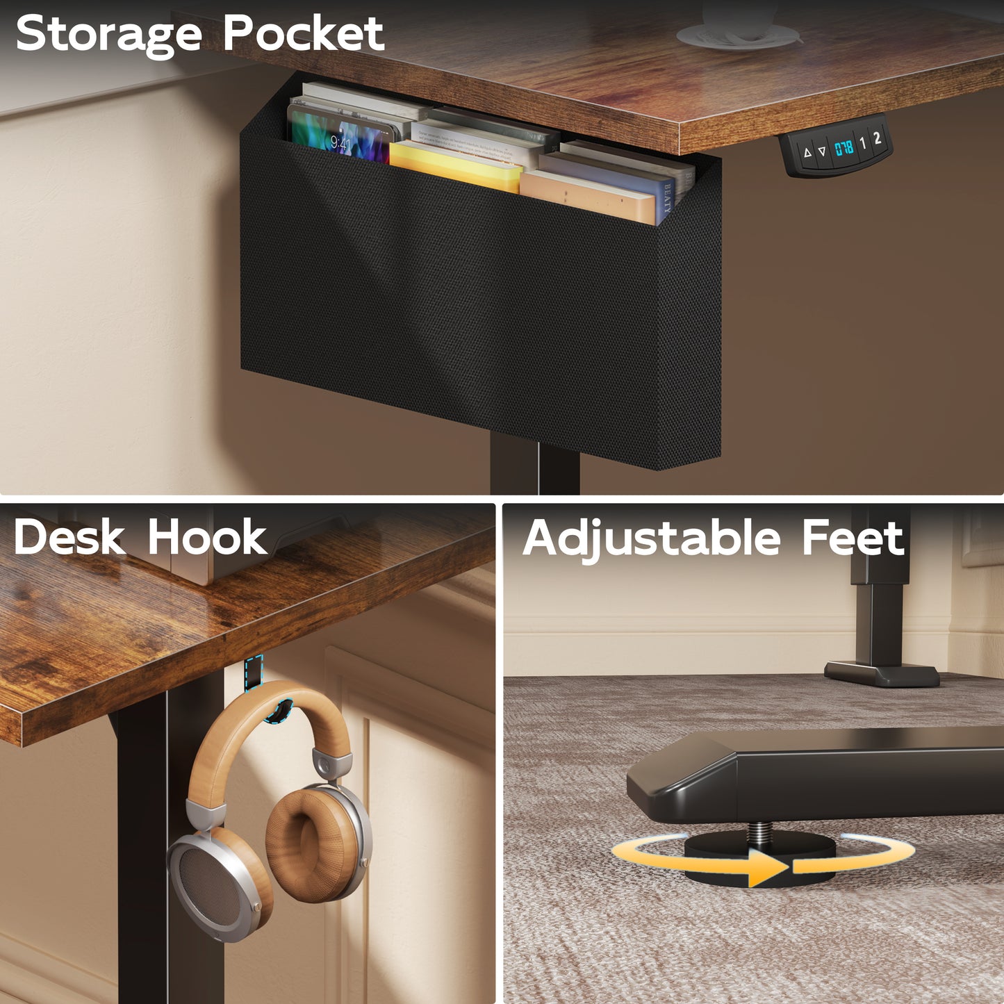 Furologee 63" Reversible L Shaped Standing Desk£¬Rustic Brown£¬Height Adjustable£¬Reversible Computer Desk for Home Office, Work, Study, Dorm£¬Electric Standing Desk with Memory Presets