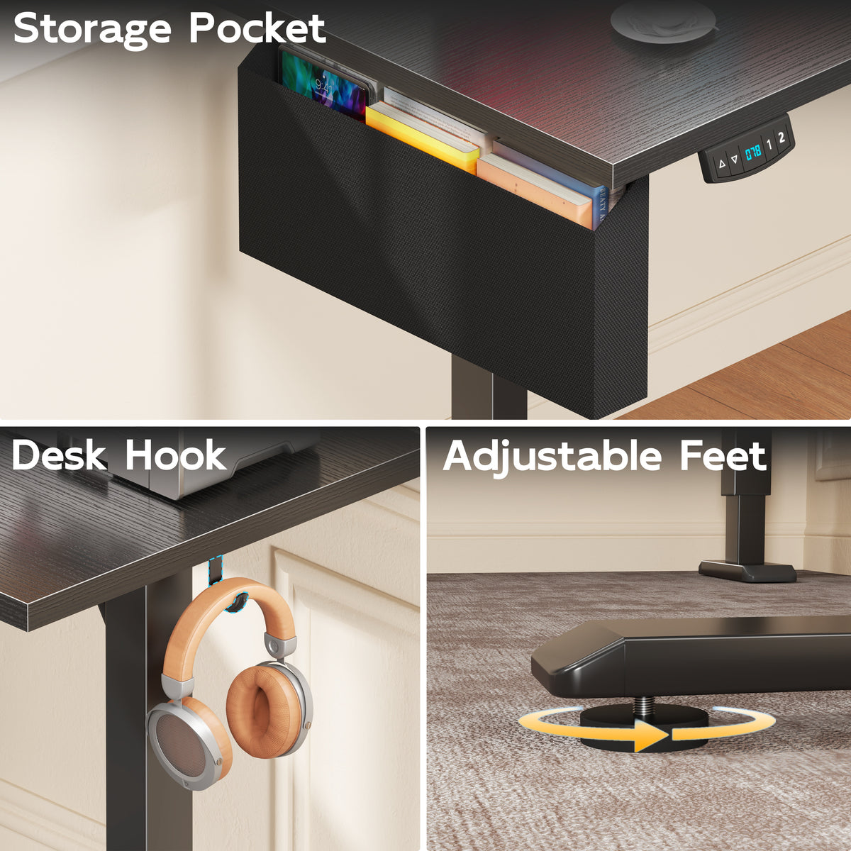 Furologee 63" L Shaped Standing Desk, Adjustable Office Desk, Black Electric Computer Desk with LED Screen & Memory Presets, Height Adjustable, Reversible Sit Stand Desk for Home Office