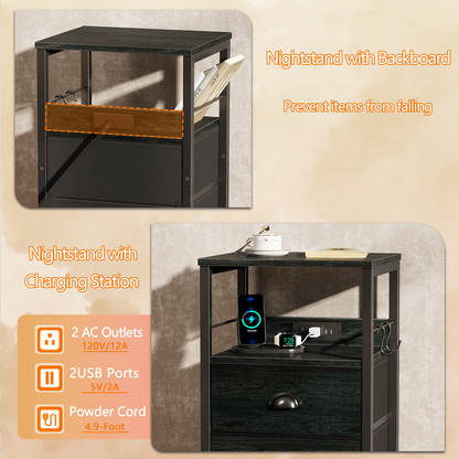 Furologee Nightstand with Charging Station for Bedroom, 2 Fabric Drawers
Night Stand with USB Ports & Outlets, Side Table with Storage & Hooks, Industrial End Table, for Living Room, Dorm, Black Oak