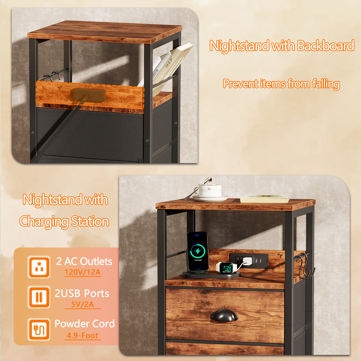 Furologee Nightstand with Charging Station for Dorm, 2 Fabric Drawers
Night Stand with USB & Outlets, Side Table with Storage & Hooks, Industrial End Table for Living Room/Bedroom, Rustic Brown