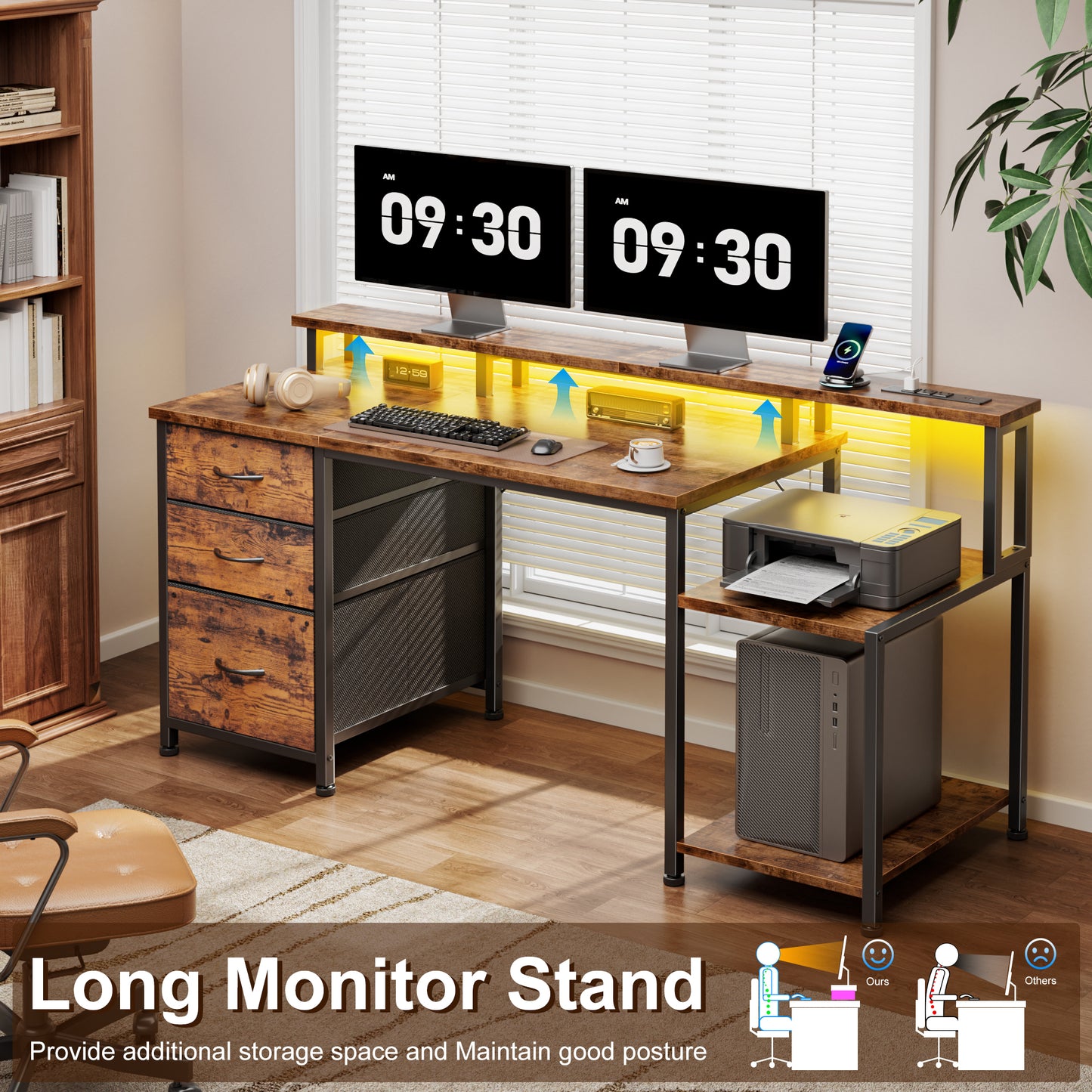 Furologee 55" Gaming Desk with LED Lights & Power Outlets, Reversible Office Desk with Monitor Stand for Work Study, Desk for Home Office Dorm, Storage Drawers and Cabinet, Rustic Brown