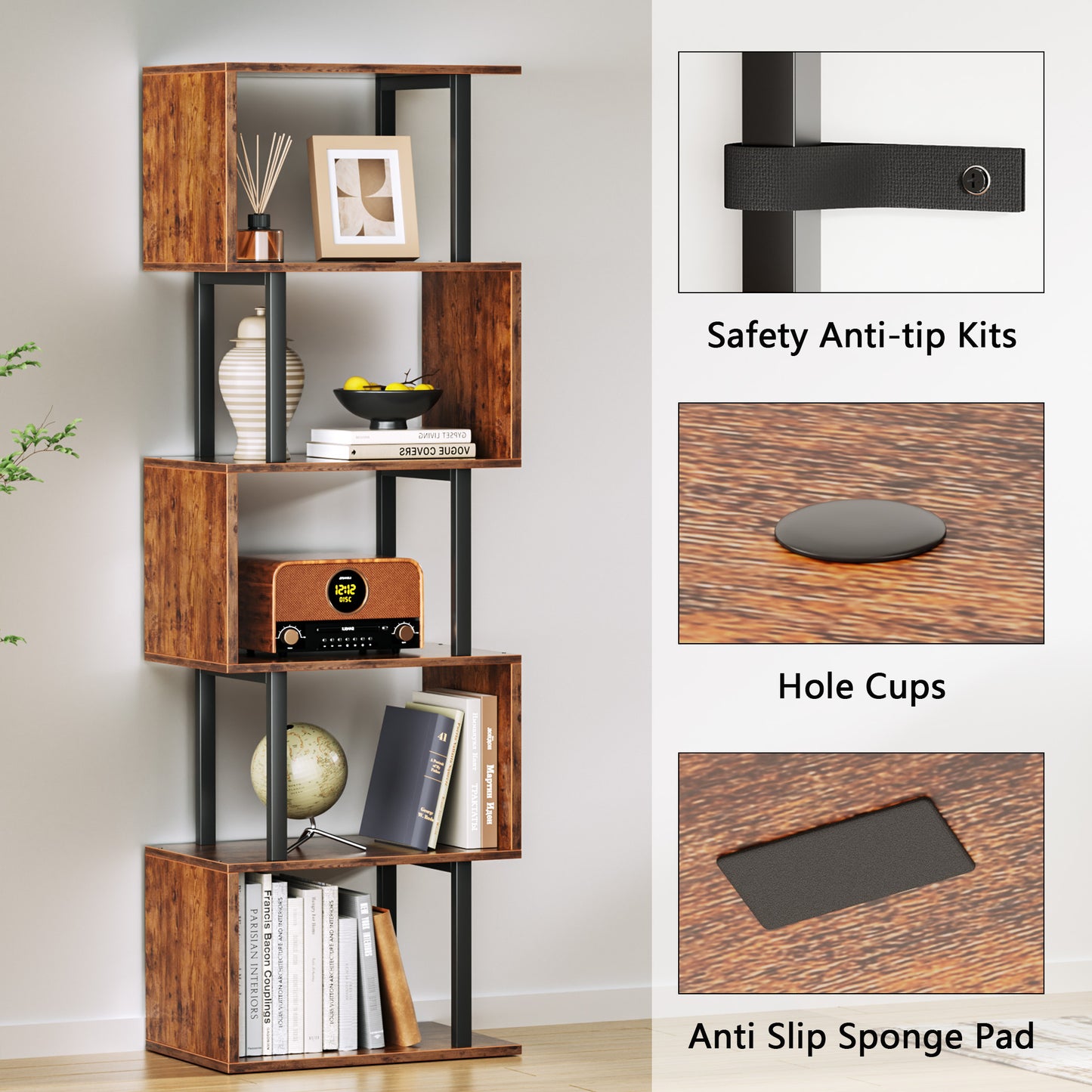 Furologee 6 Tier Bookshelf, S Shaped Geometric Bookcase, Rustic Brown 57.5'' Tall Industrial Display Shelf Standing Unit, Room Divider Shelf for Bedroom, Living room, Office