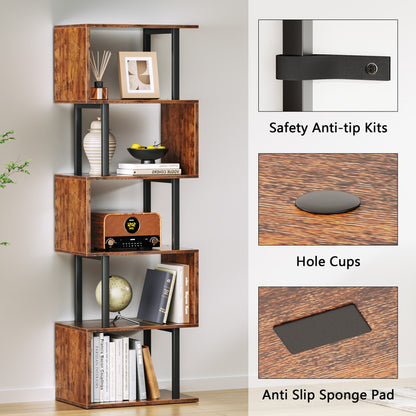 Furologee 6 Tier Bookshelf, S Shaped Geometric Bookcase, Rustic Brown 57.5'' Tall Industrial Display Shelf Standing Unit, Room Divider Shelf for Bedroom, Living room, Office