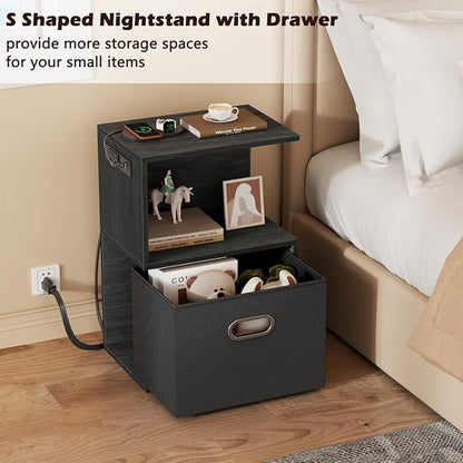 Modern 3-Tier Bedside Table with Charging Station and Storage Drawer, Wood Nightstand for Small Spaces in Bedroom or Living Room