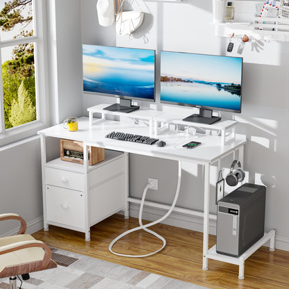 Furologee White Computer Desk with Drawer and Power Outlets
