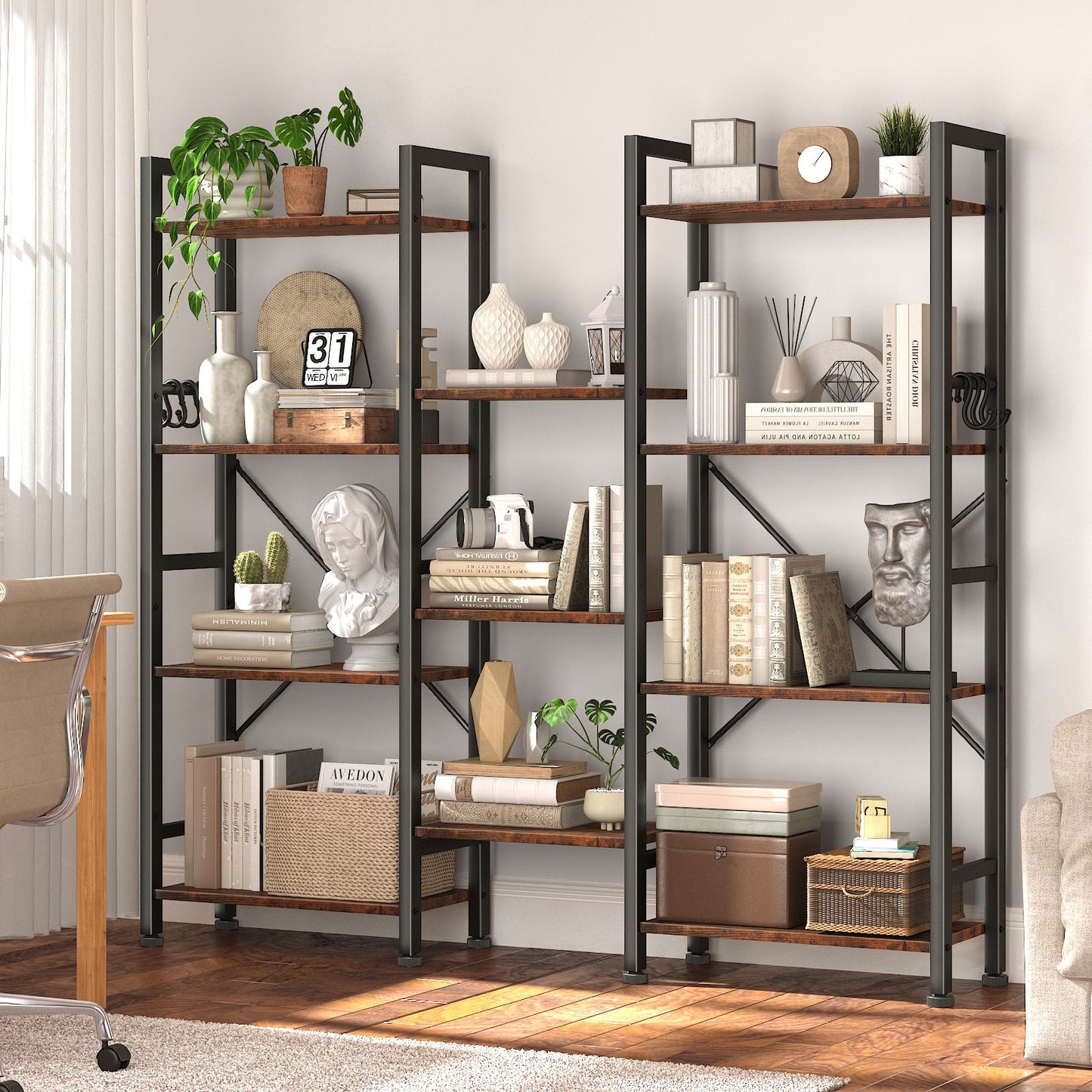 Furologee 11 Display Shelf Bookcase, 4 Tier Triple Large Bookshelf, Wide Book Shelf