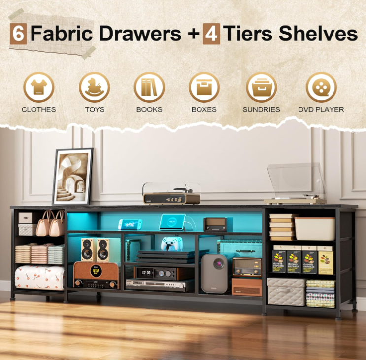 Furologee 71 Dresser TV Stand with LED Lights & Charging Station Black Chest of Drawers with 6 Fabric Drawers for 70 75 80 inch TVs Open Storage Shelves TV Stand for Bedroom Living Room