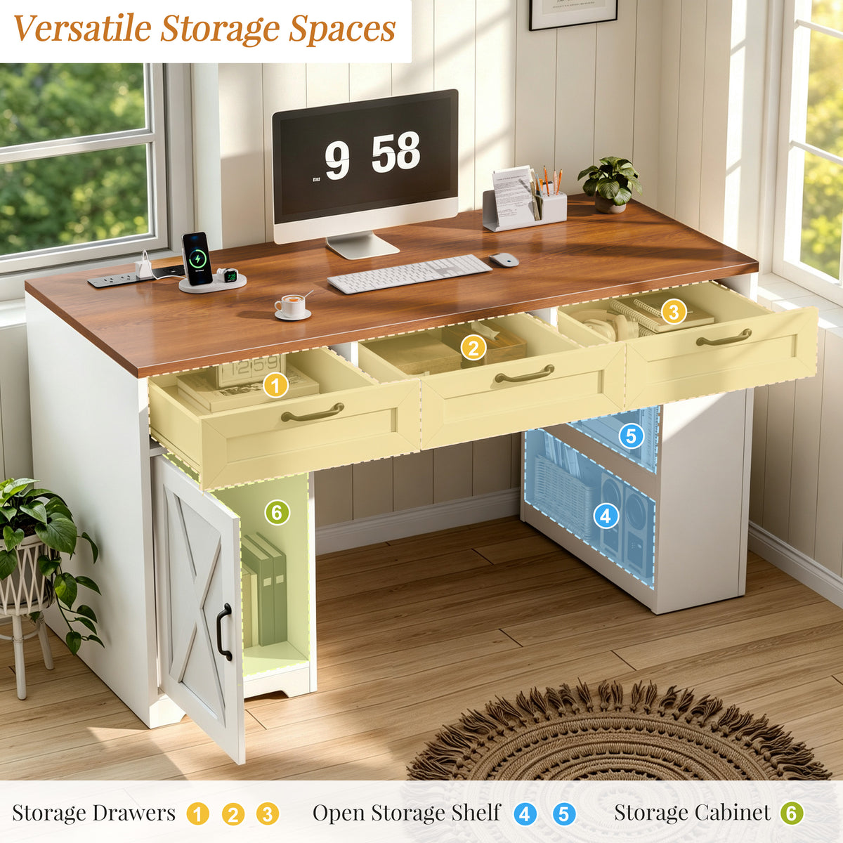 Furologee 55" Farmhouse Desk with Charging Station & Drawers, Walnut White
Executive Computer Desk with 3 Wooden Drawers, Storage Cabinet and Open Storage Shelf, Large Workstation for Home Office£¬Work, Study