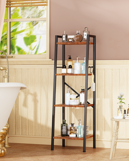 Furologee 4 Tier Ladder Bookshelf Narrow, Metal Wooden Ladder Shelf Bookcase with 2 Hooks
