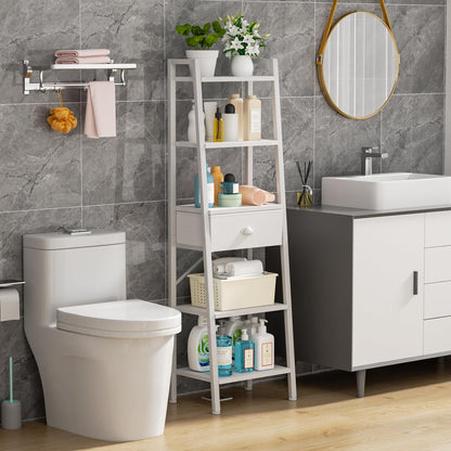 5 Tier Bookshelf, Ladder Shelf with Drawer, Tall and Narrow Bookcase, Storage Shelves Organizer, Industrial Display Standing Units for Bathroom, Kitchen, Bedroom,Living Room,White
