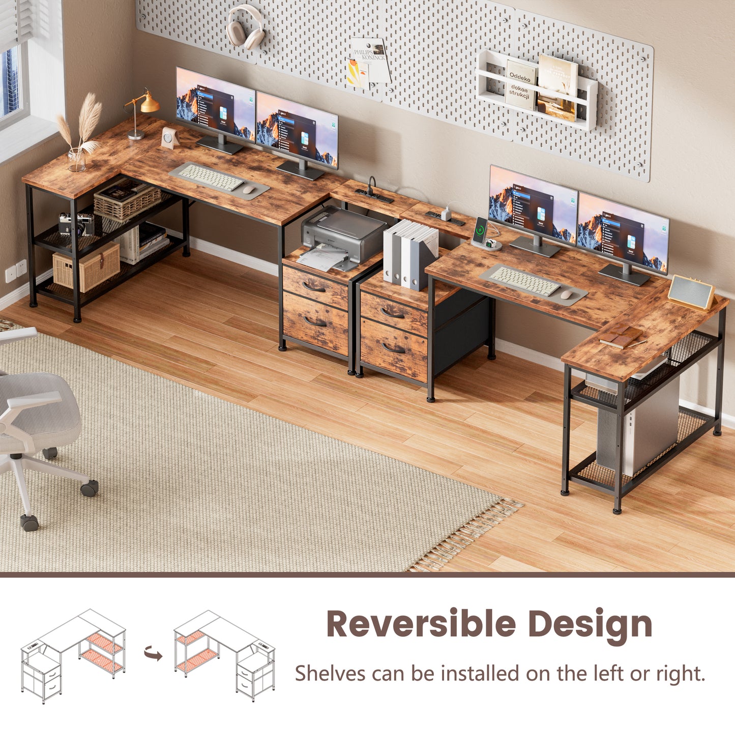 Furologee 57 Inch L Shaped Computer Desk with Power Outlets, Reversible Home Office Desk with Fabric Drawers, File Cabinet, Printer Table, Metal Storage Shelves, Corner Desk for Small Space, Rusitc Brown