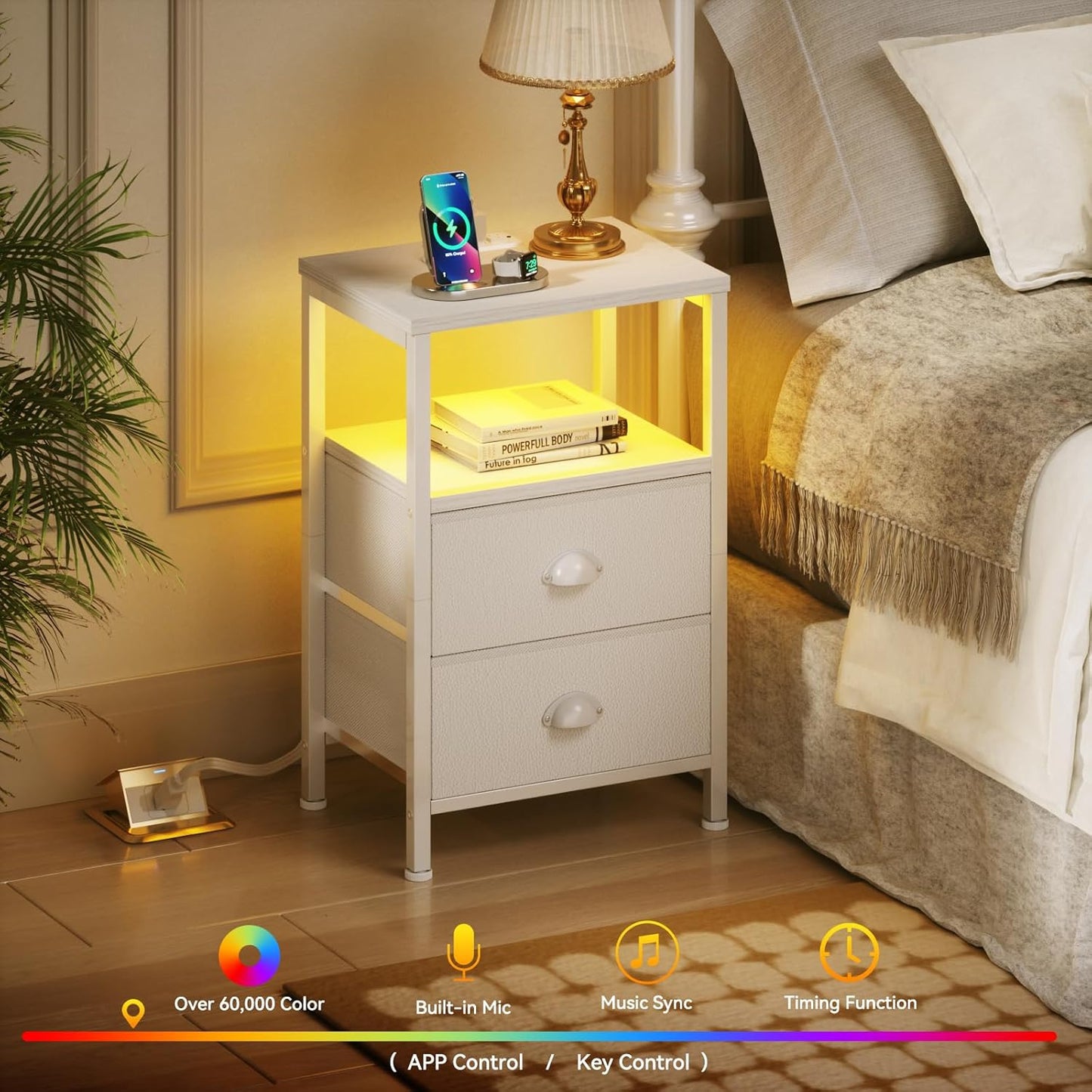 Nightstand with Charging Station & LED Lights - Bedside Table with Fabric Drawer, Storage Shelf, White for Bedroom