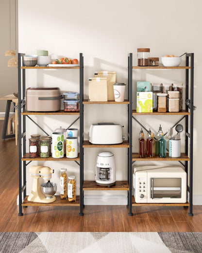 Furologee Triple 4 Tier Bookshelf, Bookcase with 11 Open Display Shelves, Wood and Metal Shelf Storage Organizer,Industrial Wide Shelving Unit for Living Room,Home Office,Rustic Brown