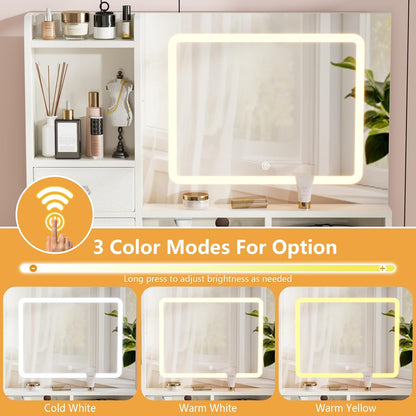 Furologee Vanity Desk with LED Lights Mirror and Power Outlets, Small Makeup Vanity Desk Stool Set with 4 Drawers, Dressing Table with Chair for Bedroom,3 Model Adjustable Lights,White and Gold