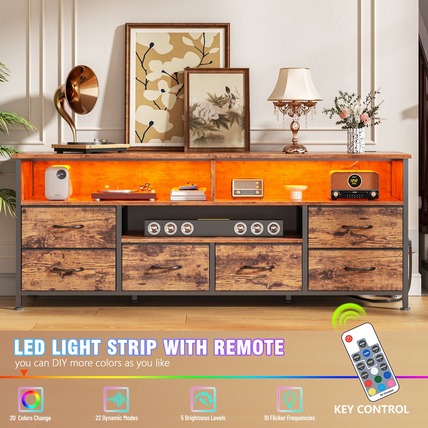 55" LED TV Stand for Bedroom with Power Outlets, Entertainment Center with 6 Fabric Drawers for 50/55/60 inch TVs, Dresser TV Stand Long Console Media Table for Living Room, Rustic Brown