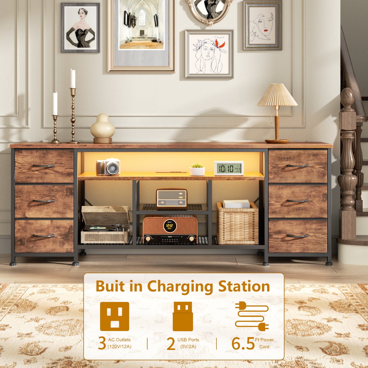 Furologee LED TV Stand for 65, 70 Inch TV, 63 Inch Entertainment Center with Power Outlets, 6 Fabric Drawers Dresser for Bedroom, Media Console with Open Shelves, PU Leather Surface, Rustic Brown