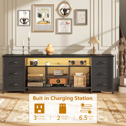 Furologee LED TV Stand for 65, 70, 80 Inch TV, 71 Inch Entertainment Center with Power Outlets, 6 Fabric Drawers Dresser for Bedroom, Media Console with Open Shelves, PU Leather Surface, Rustic Brown
