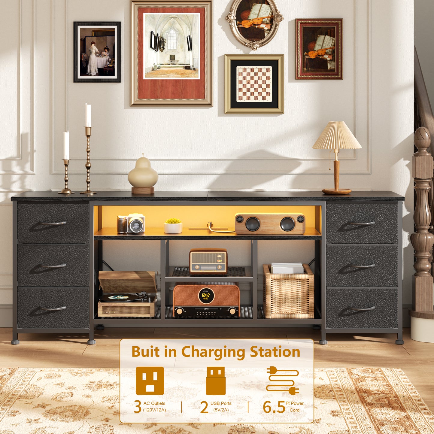Furologee LED TV Stand for 65, 70 Inch TV, 63 Inch Entertainment Center with Power Outlets, 6 Fabric Drawers Dresser for Bedroom, Media Console with Open Shelves, PU Leather Surface, Black